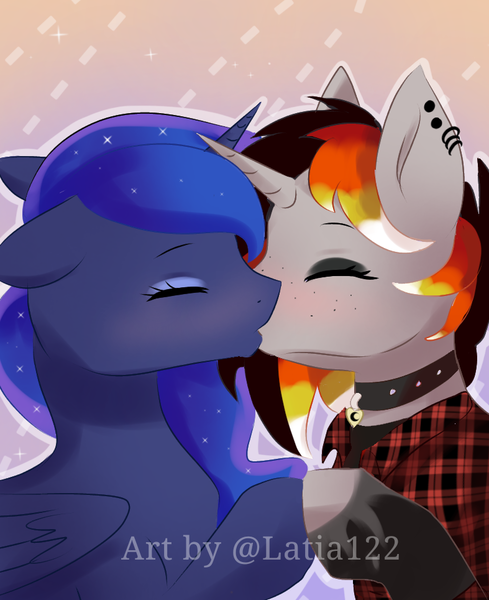 Size: 787x965 | Tagged: questionable, artist:latia122, derpibooru import, princess luna, oc, oc:moonshine, alicorn, unicorn, blushing, canon x oc, clothes, collar, eyes closed, eyeshadow, flannel, flannel shirt, freckles, horn, horns are touching, kissing, love, makeup, piercing, shipping, shirt, touching hooves