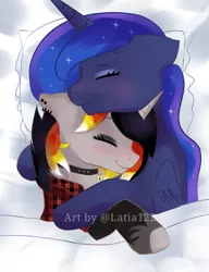 Size: 1025x1336 | Tagged: safe, artist:latia122, derpibooru import, princess luna, oc, oc:moonshine, alicorn, unicorn, bed, canon x oc, clothes, collar, cuddling, cute, flannel, flannel shirt, hug, piercing, pillow, shipping, shirt, size difference, sleeping, snuggling, socks, stockings, thigh highs, wholesome