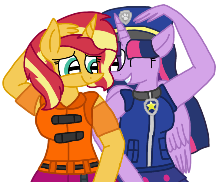 Size: 1259x1045 | Tagged: safe, alternate version, artist:徐詩珮, derpibooru import, sunset shimmer, twilight sparkle, twilight sparkle (alicorn), alicorn, anthro, plantigrade anthro, unicorn, series:sprglitemplight diary, series:sprglitemplight life jacket days, series:springshadowdrops diary, series:springshadowdrops life jacket days, alternate universe, background removed, chase (paw patrol), clothes, equestria girls outfit, eyelashes, female, grin, hat, lesbian, lifejacket, one eye closed, paw patrol, paw prints, shipping, simple background, smiling, sunsetsparkle, transparent background, wink