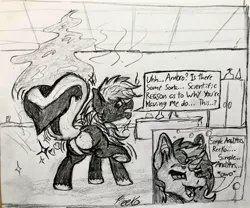 Size: 1741x1449 | Tagged: suggestive, artist:reekosukanku, derpibooru import, oc, oc:ambrosia firehoof, oc:reeko, pony, skunk, skunk pony, unicorn, butt, female, male, mare, monochrome, plot, traditional art