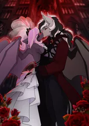 Size: 2480x3508 | Tagged: safe, artist:arctic-fox, derpibooru import, oc, oc:sak, oc:stormdancer, anthro, bat pony, vampire, vampony, bat pony oc, bat wings, clothes, dress, female, gothic, jewelry, kissing, male, marriage, married couple, oc x oc, patreon, patreon reward, regalia, romantic, sakancer, shipping, straight, tiara, wedding, wedding dress, wings