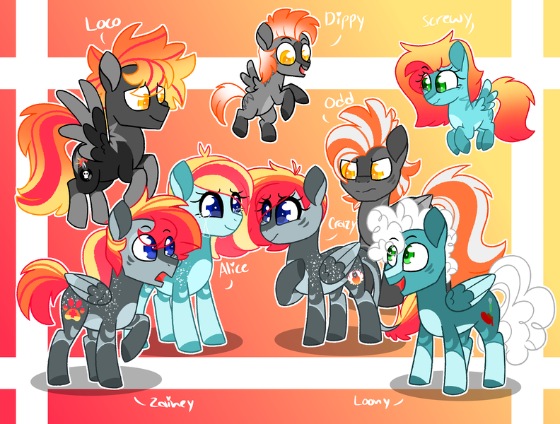 Size: 4500x3411 | Tagged: safe, artist:crazysketch101, derpibooru import, oc, oc:alice looncrest, oc:crazy looncrest, oc:dippy looncrest, oc:loco looncrest, oc:loony looncrest, oc:odd looncrest, oc:screwey looncrest, oc:zainey looncrest, unofficial characters only, pegasus, pony, family