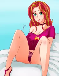 Size: 2550x3300 | Tagged: suggestive, alternate version, artist:manhunterj, derpibooru import, sunset shimmer, human, equestria girls, spring breakdown, :p, adorasexy, black underwear, blushing, boobie mark, bra, bra strap, breasts, busty sunset shimmer, choker, cleavage, clothes, cute, cutie mark on human, dialogue, female, human coloration, looking at you, red underwear, sexy, spread legs, spreading, tongue out, underwear