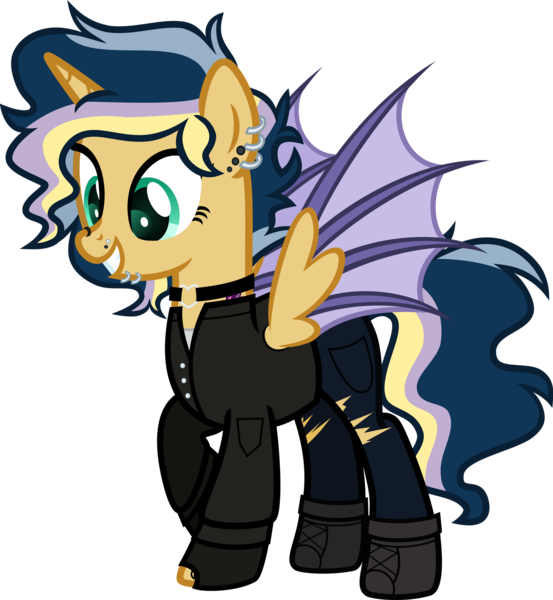 Size: 1920x2084 | Tagged: safe, artist:n0kkun, derpibooru import, oc, oc:hightune stormblazer, unofficial characters only, alicorn, bat pony, bat pony alicorn, pony, icey-verse, alicorn oc, bat pony oc, bat wings, boots, choker, clothes, ear piercing, earring, female, fingerless gloves, gloves, grin, horn, jacket, jeans, jewelry, leather jacket, lip piercing, mare, multicolored hair, nose piercing, offspring, pants, parent:oc:elizabat stormfeather, parent:oc:trail blazer (ice1517), parents:elizablazer, parents:oc x oc, piercing, raised hoof, shoes, simple background, smiling, solo, tattoo, torn clothes, transparent background, wings