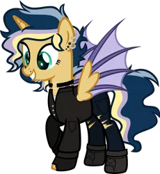 Size: 1920x2084 | Tagged: safe, artist:n0kkun, derpibooru import, oc, oc:hightune stormblazer, unofficial characters only, alicorn, bat pony, bat pony alicorn, pony, icey-verse, alicorn oc, bat pony oc, bat wings, boots, choker, clothes, ear piercing, earring, female, fingerless gloves, gloves, grin, horn, jacket, jeans, jewelry, leather jacket, lip piercing, mare, multicolored hair, nose piercing, offspring, pants, parent:oc:elizabat stormfeather, parent:oc:trail blazer (ice1517), parents:elizablazer, parents:oc x oc, piercing, raised hoof, shoes, simple background, smiling, solo, tattoo, torn clothes, transparent background, wings