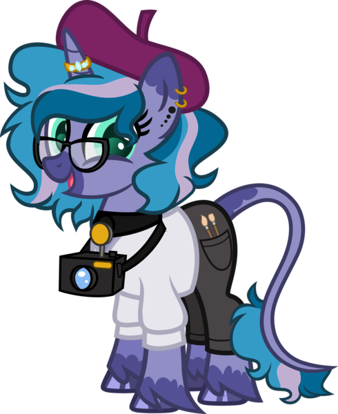 Size: 1920x2352 | Tagged: safe, artist:n0kkun, derpibooru import, oc, oc:feather frame, pony, unicorn, beret, camera, choker, clothes, ear piercing, earring, female, glasses, hat, horn, horn ring, jeans, jewelry, leonine tail, mare, markings, open mouth, paintbrush, pants, piercing, ring, simple background, solo, sweater, transparent background, unshorn fetlocks, wedding ring