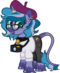 Size: 1920x2352 | Tagged: safe, artist:n0kkun, derpibooru import, oc, oc:feather frame, pony, unicorn, beret, camera, choker, clothes, ear piercing, earring, female, glasses, hat, horn, horn ring, jeans, jewelry, leonine tail, mare, markings, open mouth, paintbrush, pants, piercing, ring, simple background, solo, sweater, transparent background, unshorn fetlocks, wedding ring