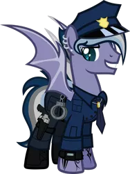 Size: 1920x2560 | Tagged: safe, artist:n0kkun, derpibooru import, oc, oc:night storm (ice1517), bat pony, pony, bat pony oc, bat wings, boots, clothes, cuffs, ear piercing, earring, eyebrow piercing, grin, gun, handgun, hat, holster, jewelry, male, multicolored hair, necklace, necktie, pants, piercing, police, police hat, police officer, revolver, ring, shirt, shoes, simple background, smiling, solo, stallion, tattoo, transparent background, watch, weapon, wedding ring, wings, wristwatch