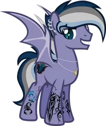 Size: 1920x2272 | Tagged: safe, artist:n0kkun, derpibooru import, oc, oc:night storm (ice1517), bat pony, pony, bat pony oc, bat wings, ear piercing, earring, eyebrow piercing, grin, jewelry, male, multicolored hair, necklace, piercing, ring, simple background, smiling, solo, stallion, tattoo, transparent background, wedding ring, wings