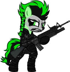 Size: 6000x6150 | Tagged: safe, artist:n0kkun, derpibooru import, oc, oc:aventurine, unofficial characters only, earth pony, pony, assault rifle, bipedal, boots, camouflage, clothes, commission, face paint, female, gloves, grenade launcher, gritted teeth, gun, hoof hold, jacket, m16, m16a1, m203, mare, pants, rifle, shoes, simple background, solo, transparent background, weapon