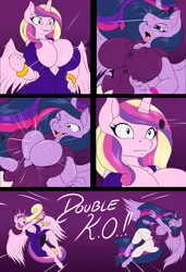 Size: 1480x2160 | Tagged: suggestive, artist:suirano, derpibooru import, princess cadance, twilight sparkle, alicorn, anthro, unguligrade anthro, the last problem, absolute cleavage, big breasts, bracelet, breasts, busty princess cadance, busty twilight sparkle, button popping, cleavage, clothes, comic, digital art, double ko, ethereal hair, ethereal mane, ethereal tail, female, huge breasts, image, jewelry, milf, miniskirt, older, older twilight, open clothes, pants, png, princess twilight 2.0, silly, sisters-in-law, skirt, thighs, thunder thighs, twilight sparkle (alicorn), wardrobe malfunction