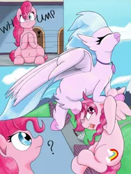 Size: 768x1024 | Tagged: safe, artist:mrleft, derpibooru import, bifröst, pinkie pie, silverstream, earth pony, hippogriff, pegasus, pony, series:school snacks, behaving like a bird, female, friendship student, imminent vore, mare, oops, story in the source