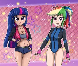 Size: 1280x1078 | Tagged: suggestive, artist:sumin6301, color edit, derpibooru import, edit, editor:michaelsety, rainbow dash, twilight sparkle, twilight sparkle (alicorn), alicorn, human, equestria girls, belly button, breasts, busty rainbow dash, busty twilight sparkle, cleavage, clothes, colored, duo, duo female, female, fingerless gloves, gloves, human coloration, humanized, light skin, light skin edit, long hair, long sleeves, looking at you, midriff, one-piece swimsuit, open mouth, ponytail, sexy, shorts, skin color edit, smiling, swimsuit, tight clothing, vest, wetsuit, zipper, zipper swimsuit
