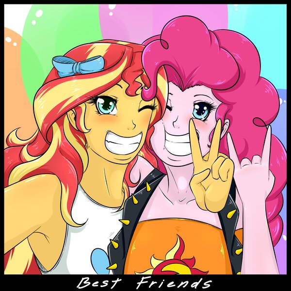 Size: 1600x1600 | Tagged: safe, artist:albertbm, derpibooru import, pinkie pie, sunset shimmer, equestria girls, equestria girls series, holidays unwrapped, spoiler:eqg series (season 2), camera, clothes swap, devil horn (gesture), selfie, simple background