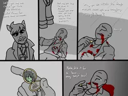 Size: 2400x1800 | Tagged: semi-grimdark, artist:pony quarantine, derpibooru import, oc, oc:anon, oc:anon-mare, unofficial characters only, earth pony, human, pony, bittersweet, bleeding, blood, clothes, coat, comic, detective, dialogue, explanation in source, facial hair, locket, moustache, necktie, noir, open mouth, shadow, shirt, this will end in death, this will end in tears, this will end in tears and/or death