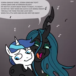 Size: 1200x1200 | Tagged: afternoon delight, artist:pony quarantine, derpibooru import, implied cuckolding, implied flurry heart, implied infidelity, implied princess cadance, implied princess flurry heart, implied shining chrysalis, implied shipping, implied straight, music notes, parody, queen chrysalis, shining armor, simple background, song, song parody, song reference, speech bubble, starland vocal band, suggestive, text