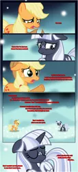 Size: 1919x4225 | Tagged: safe, artist:estories, derpibooru import, applejack, oc, oc:silverlay, earth pony, pony, unicorn, comic:a(pple)ffection, comic, crying, dialogue, duo, eyes closed, female, floppy ears, horn, looking at each other, mare, raised hoof, show accurate, teary eyes, unamused, unicorn oc, vector, worried