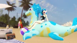 Size: 1920x1080 | Tagged: safe, artist:gr-vinyl-scratch, derpibooru import, vinyl scratch, anthro, dragon, sea dragon, unicorn, 3d, beach, beach ball, beach blanket, clothes, cooler, female, image, inflatable, inflatable toy, jeep, jpeg, one-piece swimsuit, palm tree, pool toy, puffypaws, radio, sfm pony, source filmmaker, surfboard, swimsuit, tree