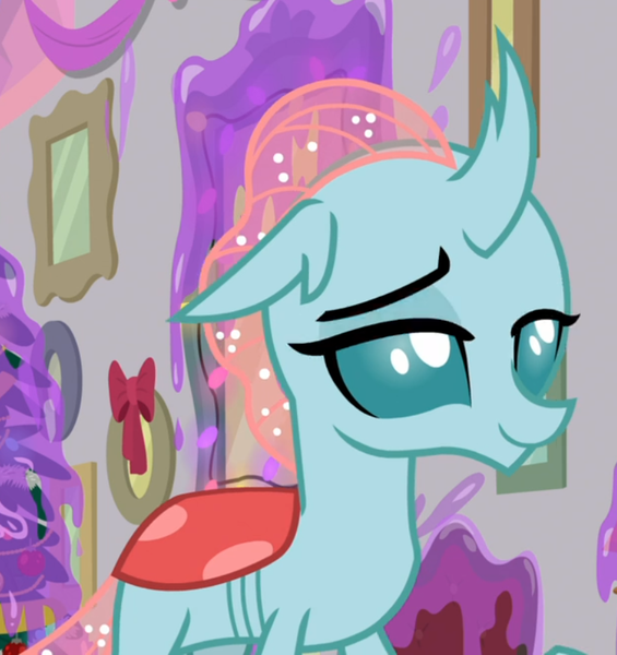 Size: 804x854 | Tagged: safe, derpibooru import, screencap, ocellus, the hearth's warming club, animation error, cropped, female, missing wing, no eyebrows, no wing, raised eyebrow, smiling, smug, solo, wingless, wingless changeling