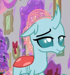 Size: 804x854 | Tagged: safe, derpibooru import, screencap, ocellus, the hearth's warming club, animation error, cropped, female, missing wing, no eyebrows, no wing, raised eyebrow, smiling, smug, solo, wingless, wingless changeling