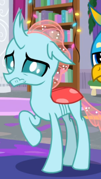 Size: 393x697 | Tagged: safe, derpibooru import, screencap, ocellus, the hearth's warming club, cropped, female, offscreen character, reaction image, sad, solo