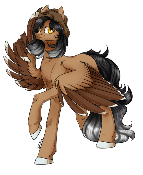 Size: 2880x3508 | Tagged: safe, artist:intfighter, derpibooru import, oc, unofficial characters only, pegasus, colored hooves, hat, pegasus oc, simple background, smiling, solo, transparent background, two toned wings, wing hands, wings