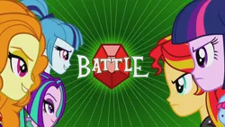 Size: 1920x1080 | Tagged: safe, derpibooru import, screencap, adagio dazzle, aria blaze, sonata dusk, sunset shimmer, twilight sparkle, equestria girls, rainbow rocks, battle of the bands, face to face, female, gem, grin, siren gem, smiling, the dazzlings, title card, youtube link