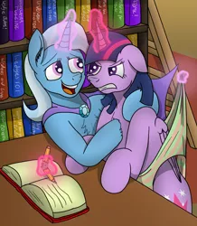 Size: 3093x3549 | Tagged: suggestive, artist:tacomytaco, derpibooru import, trixie, twilight sparkle, twilight sparkle (alicorn), alicorn, unicorn, abuse, angry, annoying, bipedal, book, bookshelf, cape, clothes, female, females only, gritted teeth, library, magic, magic abuse, pain, panties, pencil, side hug, striped underwear, twilybuse, underwear, wedgie