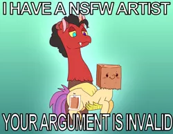 Size: 680x527 | Tagged: safe, artist:wasatdrawing, derpibooru import, oc, oc:paper bag, draconequus, pony, blushing, draconequus oc, fake cutie mark, heterochromia, holding a pony, meme, your argument is invalid