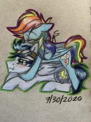 Size: 1536x2048 | Tagged: safe, artist:dufflebags, derpibooru import, rainbow dash, soarin', female, male, shipping, soarindash, straight, traditional art