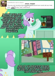 Size: 1148x1602 | Tagged: safe, artist:ladyanidraws, derpibooru import, oc, oc:sunshine morning, earth pony, pony, bipedal, coffee, female, mare, solo