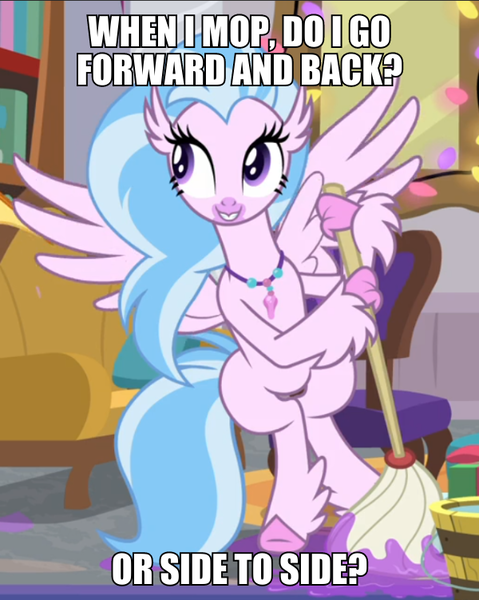 Size: 600x751 | Tagged: safe, derpibooru import, edit, edited screencap, screencap, silverstream, the hearth's warming club, caption, culture shock, cute, diastreamies, image macro, mop, spongebob squarepants, text