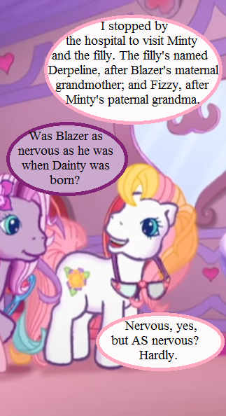 Size: 323x594 | Tagged: safe, derpibooru import, edit, edited screencap, screencap, daffidazey, wysteria, the princess promenade, cropped, cute, diadazey, dialogue, g3, g4, generation leap, glasses, headcanon, implied derpy, implied fizzy, implied minty, implied minty x oc, implied shipping, implied straight, petal parlor, speech bubble