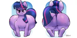 Size: 4000x2000 | Tagged: suggestive, artist:parumpi, derpibooru import, twilight sparkle, pony, unicorn, friendship is magic, belly, belly button, butt, cutie mark, dock, fat, female, huge butt, impossibly large butt, large butt, mare, plump, smiling, thighs, thunder thighs, twibutt, twilard sparkle, twilight has a big ass, unicorn twilight, wide hips