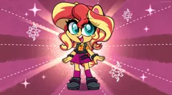 Size: 1540x855 | Tagged: safe, artist:techycutie, derpibooru import, sunset shimmer, equestria girls, my little pony: pony life, bracelet, chibi, clothes, cute, female, geode of empathy, happy, jewelry, magical geodes, miniskirt, ponied up, pony ears, shimmerbetes, skirt, solo, sparkles, spiked wristband, style emulation, vest, wristband