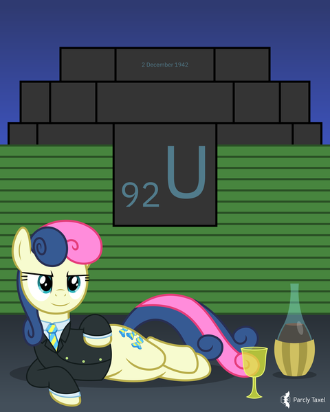 Size: 4000x5000 | Tagged: safe, artist:parclytaxel, derpibooru import, bon bon, sweetie drops, earth pony, pony, series:joycall6's periodic table, lyra and bon bon and the mares from s.m.i.l.e., my little pony chapter books, .svg available, absurd resolution, alcohol, bottle, chemistry, chianti, chicago pile-1, clothes, draw me like one of your french girls, enrico fermi, female, glass, lidded eyes, looking at you, manhattan project, mare, necktie, periodic table, s.m.i.l.e., secret agent sweetie drops, shirt, side, smiling, smirk, solo, suit, uranium, uranium glass, vector, wine, wine glass