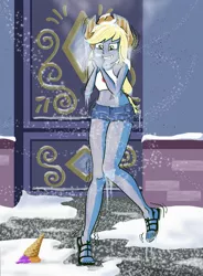 Size: 1280x1741 | Tagged: safe, artist:segiem-nemsen, derpibooru import, applejack, equestria girls, equestria girls series, street chic, spoiler:eqg series (season 2), belly button, blue skin, breath, chattering, chattering teeth, clothes, cold, condensation, denim, denim shorts, feet, female, food, freezing, freezing fetish, hat, ice, ice cream, icicle, jeans, outdoors, pants, sandals, shivering, short shirt, shorts, snow, snowfall, solo, winter