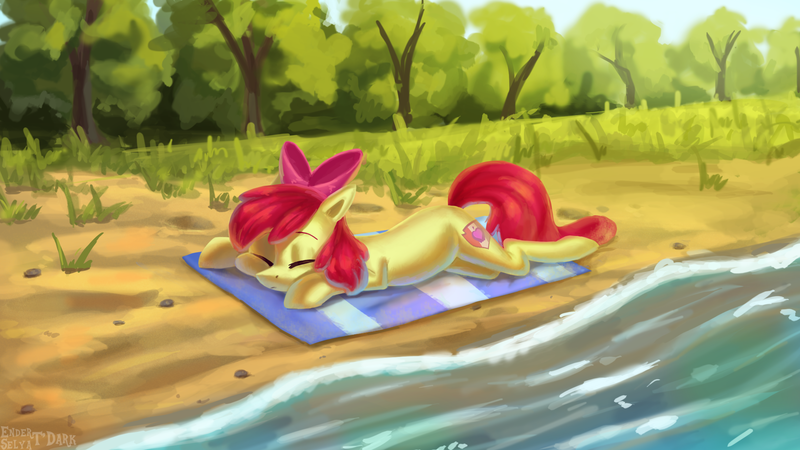 Size: 2400x1350 | Tagged: safe, artist:enderselyatdark, derpibooru import, apple bloom, pony, cute, female, sand, sleeping, solo, tree, water