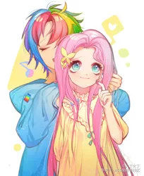 Size: 1248x1530 | Tagged: safe, artist:dengdengbobo, derpibooru import, fluttershy, rainbow dash, human, anime, anime style, bandana, blushing, clothes, eyes closed, female, flutterdash, humanized, lesbian, one eye closed, open mouth, shipping