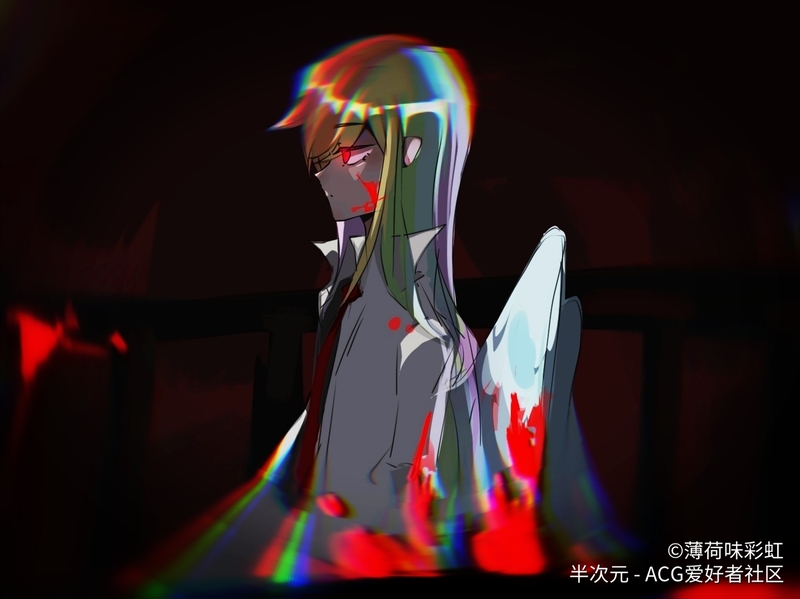 Size: 1500x1124 | Tagged: grimdark, artist:薄荷味彩虹, derpibooru import, rainbow dash, human, fanfic:rainbow factory, blood, clothes, glowing eyes, humanized, lab coat, rainbow factory dash, winged humanization, wings