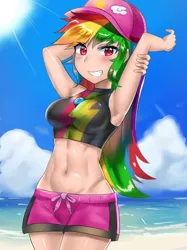 Size: 800x1067 | Tagged: safe, artist:tzc, color edit, derpibooru import, edit, editor:michaelsety, rainbow dash, human, equestria girls, equestria girls series, forgotten friendship, abs, adorasexy, anime, armpits, beach, belly button, board shorts, breasts, busty rainbow dash, cap, clothes, colored, crepuscular rays, cute, dashabetes, female, hat, human coloration, humanized, light skin, light skin edit, looking at you, midriff, muscles, ocean, rainbuff dash, sand, sexy, shorts, skin color edit, smiling, solo, swimsuit