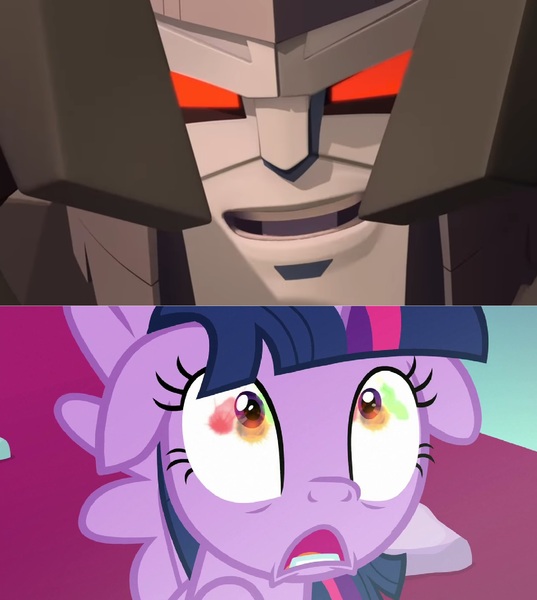 Size: 1896x2120 | Tagged: safe, derpibooru import, twilight sparkle, twilight sparkle (alicorn), alicorn, pony, robot, the ending of the end, clash of hasbro's titans, comparison, crossover, decepticon, floppy ears, megatron, shrunken pupils, terrified, this will not end well, transformers, transformers cyberverse