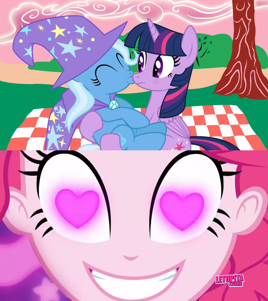 Size: 852x955 | Tagged: safe, artist:jadethepegasus, derpibooru import, pinkie pie, trixie, twilight sparkle, twilight sparkle (alicorn), alicorn, coinky-dink world, eqg summertime shorts, equestria girls, female, heart eyes, lesbian, meme, picnic blanket, pinkie's eyes, shipping, twixie, wingding eyes