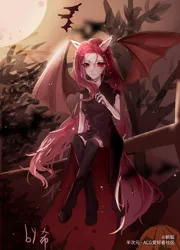 Size: 2304x3200 | Tagged: safe, artist:鹤觚, derpibooru import, fluttershy, bat, bat pony, human, vampire, bat ears, bat ponified, bat wings, boots, clothes, dress, eared humanization, female, flutterbat, glowing eyes, halloween, holiday, humanized, jack-o-lantern, moon, pumpkin, race swap, shoes, sitting, socks, solo, tailed humanization, thigh highs, tree, winged humanization, wings, zettai ryouiki