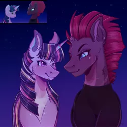 Size: 2048x2048 | Tagged: safe, artist:rubimlp6, derpibooru import, tempest shadow, twilight sparkle, twilight sparkle (alicorn), alicorn, pony, unicorn, my little pony: the movie, alternate hairstyle, broken horn, clothes, cute, eye scar, female, horn, lesbian, looking at each other, mare, markings, night, redesign, scar, scene interpretation, shipping, shirt, sky, stars, tempestbetes, tempestlight