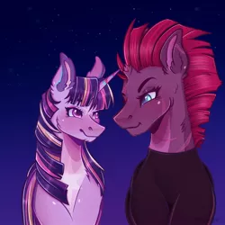 Size: 2048x2048 | Tagged: safe, alternate version, artist:rubimlp6, derpibooru import, tempest shadow, twilight sparkle, twilight sparkle (alicorn), alicorn, pony, unicorn, my little pony: the movie, alternate hairstyle, broken horn, clothes, cute, eye scar, female, horn, lesbian, looking at each other, mare, markings, night, redesign, scar, scene interpretation, shipping, shirt, sky, stars, tempestbetes, tempestlight, twiabetes