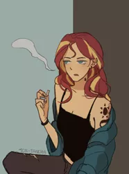 Size: 1402x1880 | Tagged: safe, artist:tcn1205, derpibooru import, sunset shimmer, human, equestria girls, cigarette, female, open mouth, sleeveless, smoking, solo, sunset shimmer is not amused, tattoo, unamused