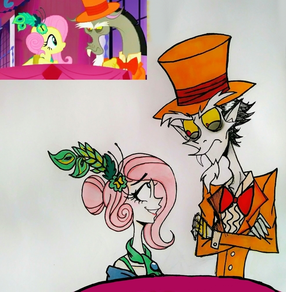 Size: 1975x2015 | Tagged: safe, artist:citi, derpibooru import, screencap, discord, fluttershy, human, make new friends but keep discord, alternate hairstyle, clothes, dress, gala dress, humanized, scene interpretation, screencap reference