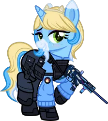 Size: 5000x5612 | Tagged: safe, artist:n0kkun, derpibooru import, oc, oc:meow peow, unofficial characters only, pony, unicorn, armor, bedroom eyes, belt, blushing, body armor, boots, clothes, female, freckles, glock, gloves, grin, gun, hairband, handgun, holster, jacket, mare, markings, multicolored hair, pants, pistol, pouch, raised hoof, raised leg, shoes, simple background, smiling, solo, submachinegun, transparent background, ump45, weapon