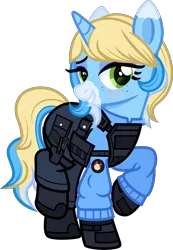 Size: 4000x5767 | Tagged: safe, artist:n0kkun, derpibooru import, oc, oc:meow peow, unofficial characters only, pony, unicorn, armor, bedroom eyes, belt, blushing, body armor, boots, clothes, female, freckles, gloves, grin, hairband, holster, jacket, mare, markings, multicolored hair, pants, pouch, raised hoof, raised leg, shoes, simple background, smiling, solo, transparent background